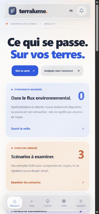 Capture réelle de l’application Terralume : vue d’ensemble et contexte régional